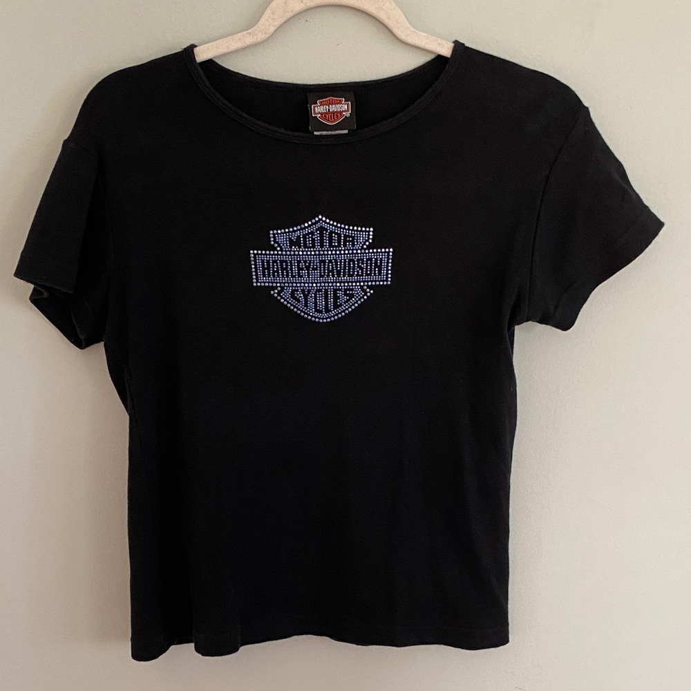 Harley-Davidson Women’s Black Tee Shirt with Blue Bedazzled Logo Size Large